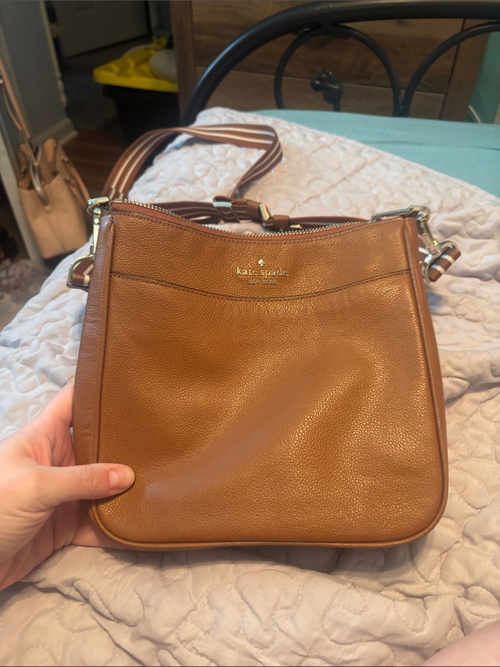 kate spade Tan Pebbled Leather Crossbody with Striped Strap